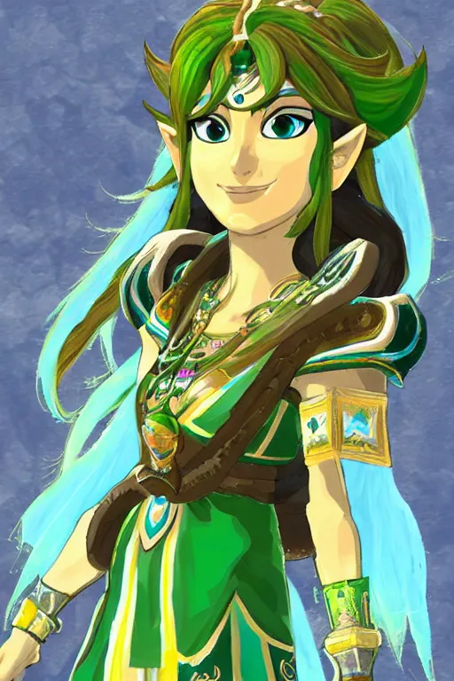 Prompt: a portrait of lady palutena from the legend of zelda breath of the wild, breath of the wild art style.