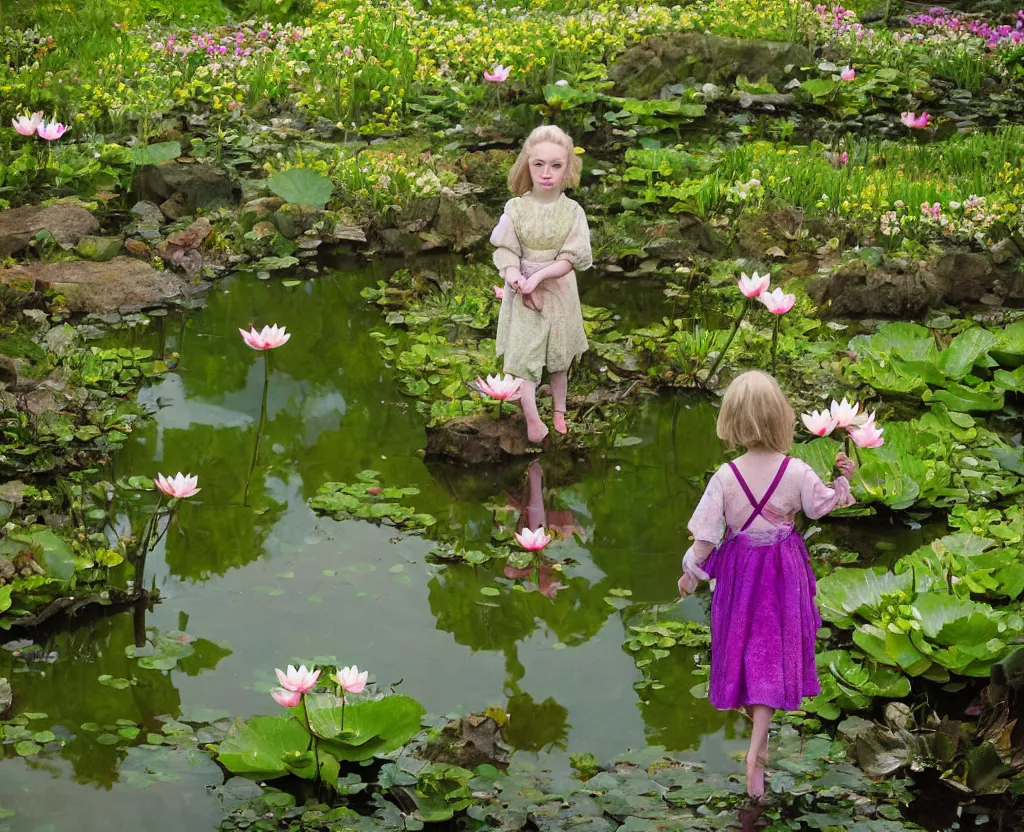 Image similar to a hobbit girl backlit carrying flowers near a mirror like pond, by martin parr, colorful clothing, springtime flowers and foliage in full bloom, lotus flowers on the water, dark foggy forest background, sunlight filtering through the trees, 3 5 mm photography
