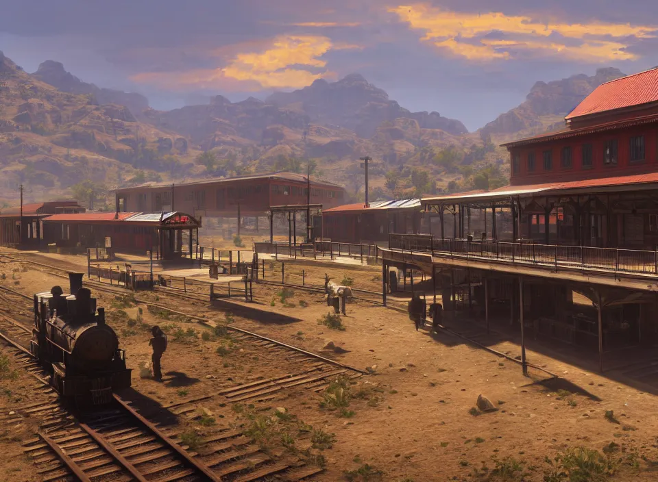 Image similar to a train station as red dead redemption 2 concept art, historical setting, desert environment, serene lighting, atmospheric, cinematic, gorgeous, in the style of diego koi, gina heyer, luiz escanuela, art by alyssa monk, hyperrealism, rule of thirds, golden ratio, oil on canvas, 8 k