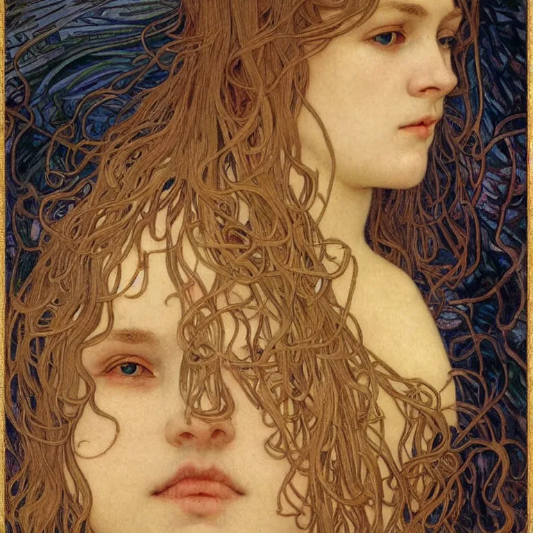 Image similar to detailed realistic beautiful young medieval queen face portrait by jean delville, alphonse mucha, vincent van gogh, and marco mazzoni, art nouveau, symbolist, visionary, gothic, pre - raphaelite