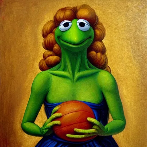 Image similar to terrified kermit the frog, oil painting, botticelli, raphael, vermeer