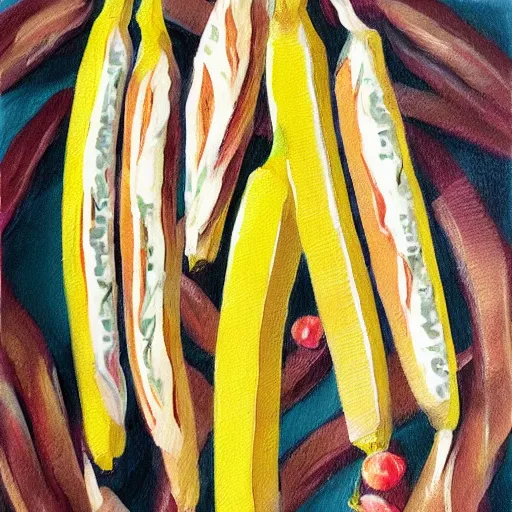 Image similar to baguettes on a banana palm, intricately detailed acrylic painting