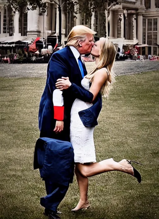 Prompt: beautiful romantic professional photo of two donald trumps kissing.