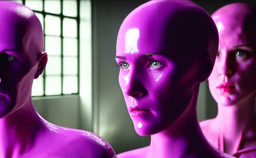 Image similar to cinestill of a giant hand made of purple wax float through the living room film still from the movie directed by denis villeneuve with art direction, pouring rain menacing lights shadows, 8 k, hd, high resolution, 3 5 mm, f / 3 2, ultra realistic faces, ex machina