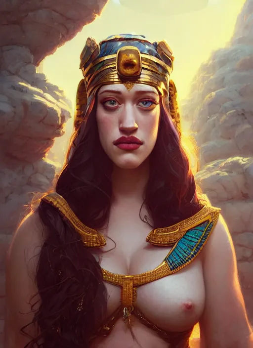 Image similar to Highly detailed portrait of Kat Dennings, as an Egyptian goddess, Stephen Bliss, unreal engine, fantasy art by Greg Rutkowski, Loish, Rhads, ferdinand knab, Makoto Shinkai and Lois van baarle, ilya kuvshinov, rossdraws, Tom Bagshaw, global illumination, radiant light, detailed and intricate environment