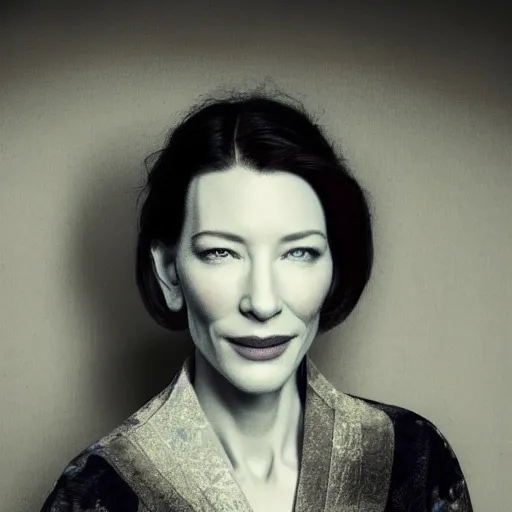 Image similar to portrait of cate blanchett ,japanese wood print