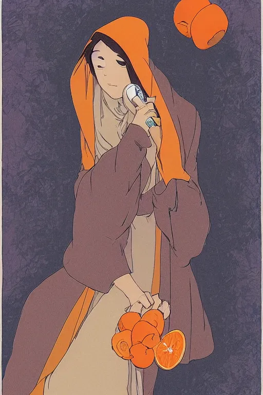 Prompt: a Girl in a large hood crouching on the ground ,orange slices,album,Microphone,Visual Communication Design by studio ghibli and mucha ,Refreshing colour