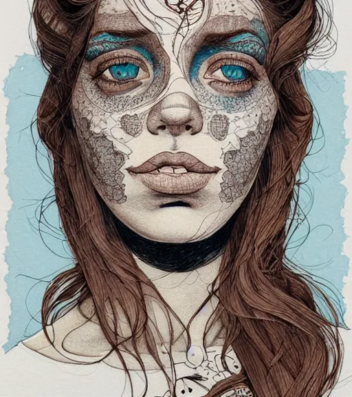 Image similar to portrait of a woman raised on the island face tatooes by kaethe butcher, dynamic lighting, gradient light blue, brown, blonde cream and white color scheme, grunge aesthetic