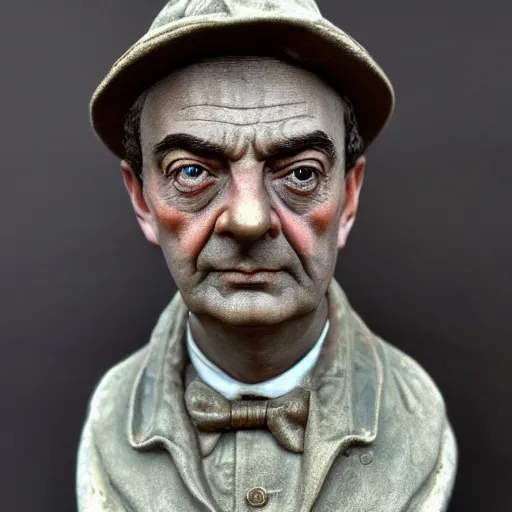 Prompt: hyper realistic closeup bust of a new england fisherman, mr. bean, painted, colorized, bossons vintage chalkware, by emile renouf