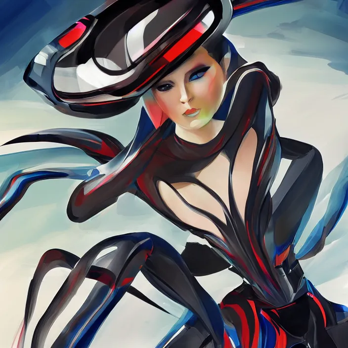 Image similar to slick and aerodynamic hypergirl of the orient, hd, concept art, digital painting, in the style of the italian futurists