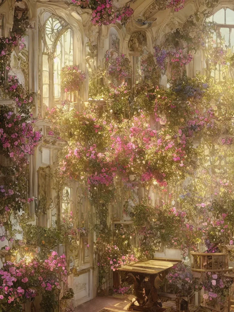 Prompt: a beautifull intricate watercolour painting of a victorian room with many flowers, reflexions, verry high details by william turner art, greg rutkowski and alphonse mucha, trending on artstation, very very detailed, masterpiece, golden hour lighting, wide lens,