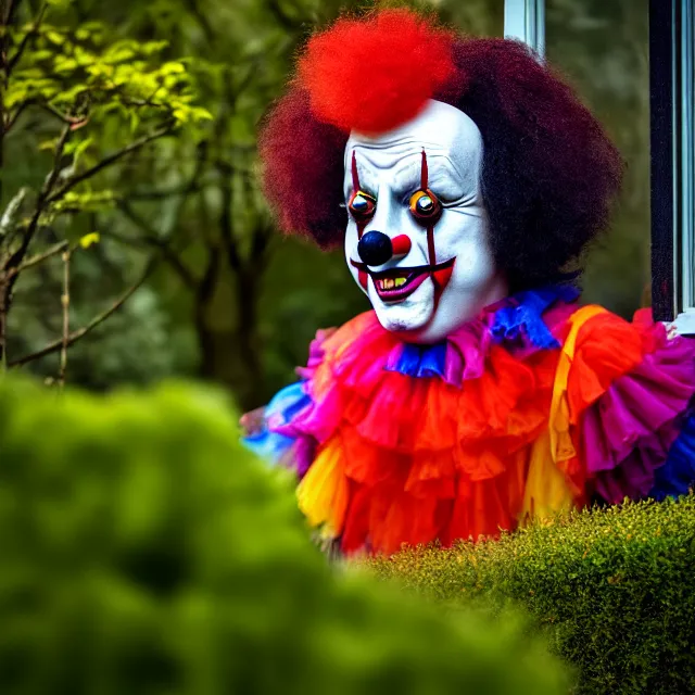 Prompt: looking at a scary clown in the garden from the window, highly detailed, 8 k, hdr, smooth, sharp focus, high resolution, award - winning photo