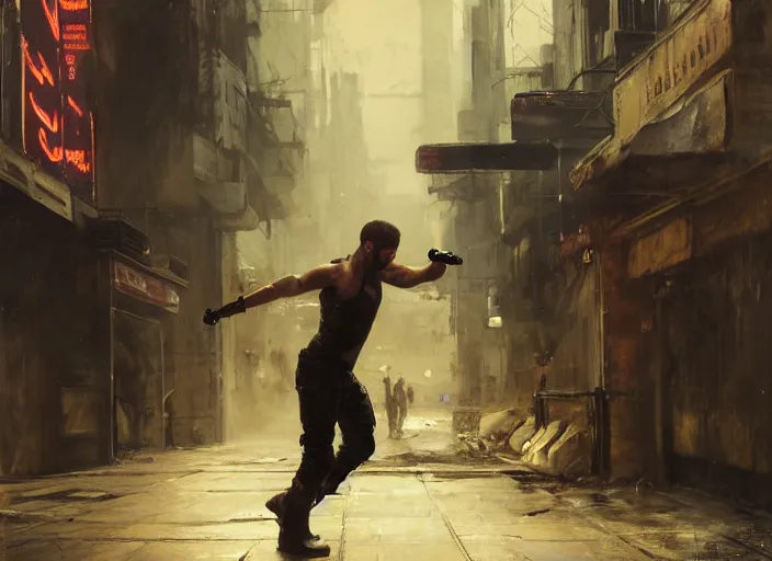 Image similar to sam fisher knocking out a guard ( blade runner 2 0 4 9, dystopian, cyberpunk 2 0 7 7 character design ). orientalist portrait by john william waterhouse and james gurney and theodore ralli and nasreddine dinet, oil on canvas. cinematic, hyper realism, realistic proportions, dramatic lighting, high detail 4 k