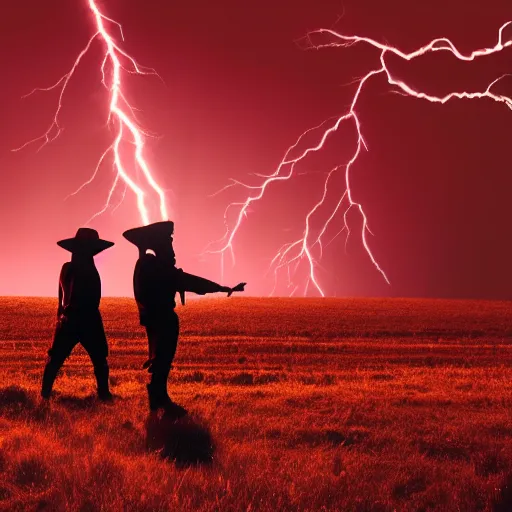 Image similar to cinematic still of silhouettes of two men fighting in ancient clothing, farm field background, red hues, lightning, directed by Russell Mulcahy