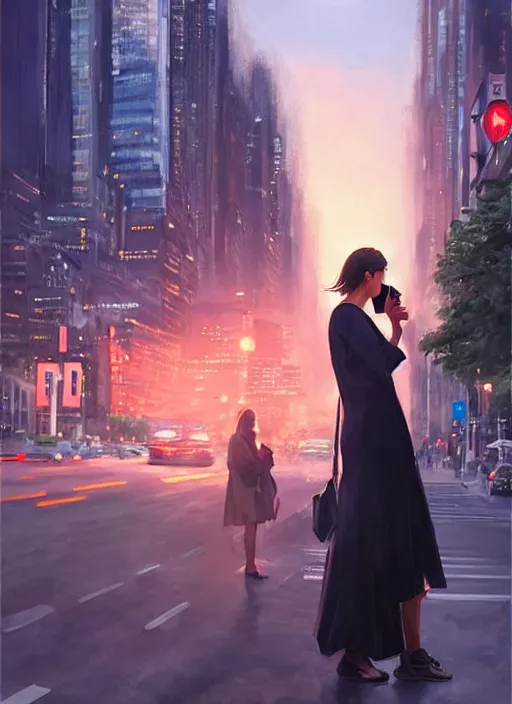 Image similar to a beautiful woman stands at a bus stop in the early morning, calls on the phone, around the city, the road, sharp focus, 8 k high definition, insanely detailed, intricate, elegant, art by stanley lau and artgerm, floating embers