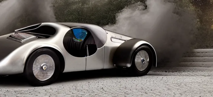 Image similar to a single bugatti type 5 7 sc atlantic and delorean hybrid, dslr, volumetric lighting