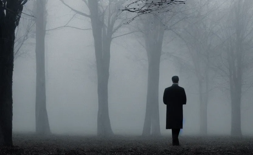 Prompt: cinematic shot of a lonely man with broken heart at park, moody scene from being john malcovich directed by charlie kaufman ( 2 0 0 1 ), foggy volumetric light morning, anamorphic lenses, kodak color film stock