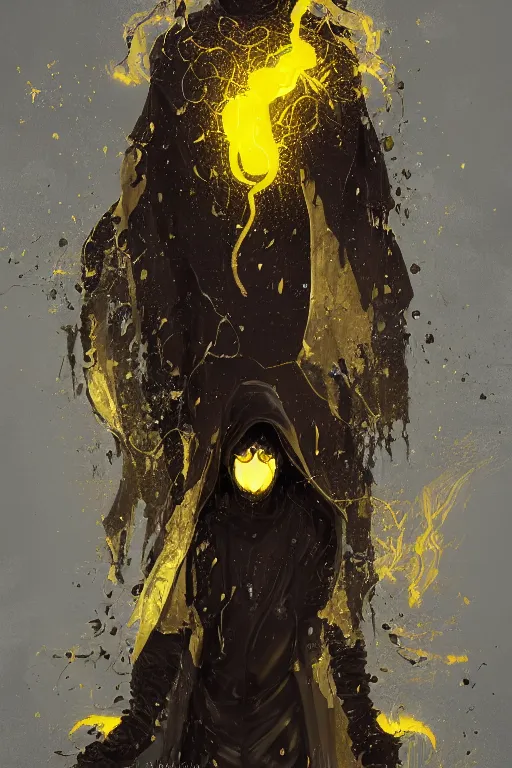 Image similar to A full body portrait of a mysterious character with no face with a very long hooded yellow cloak, a golden crown floating above his head tentacles coming out the ground art by Maciej Kuciara and Jason Chan, ominous, cosmic horror, trending on artstation, Ultra detailed, hyper realistic 4k