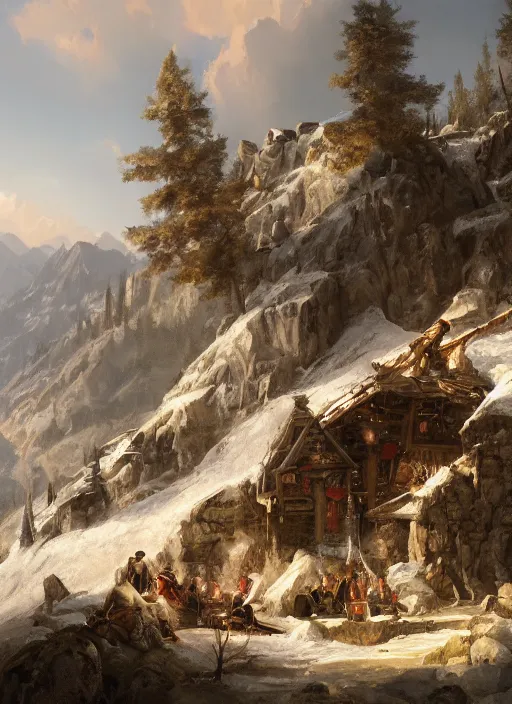 Image similar to rebel medieval encampment on the slopes of alpine mountain, by greg rutkowski, by asher brown durand, artstation