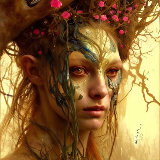 Prompt: highly detailed portrait of a female dryad with a wooden face. art by donato giancola, eugene delacroix, ruan jia, carl larsson, peter mohrbacher. trending on artstation, intricate details, energetic composition, horror themed, golden ratio, concept art, illustration, elegant art, global illumination