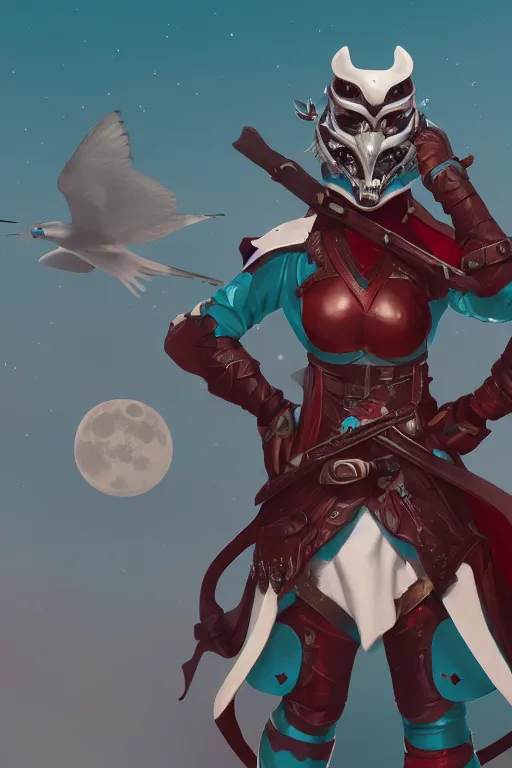 Image similar to female adventurer in tight full - body teal leather armor of japanese design with red accents and a white porcelain crow mask, trending in artstation, japanese, artstation, big moon in the background, establishing shot