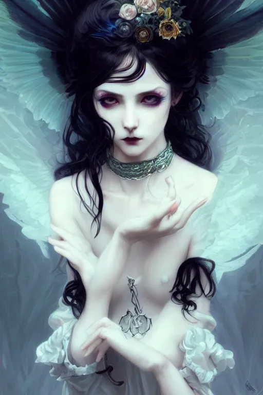 Image similar to portrait of radical lolita girl, dreamy and ethereal, dark eyes, peaceful expression, ornate goth dress, dark fantasy, chaotic, elegant, black crows flying, highly detailed, digital painting, artstation, concept art, smooth, sharp focus, illustration, art by artgerm and greg rutkowski and alphonse mucha