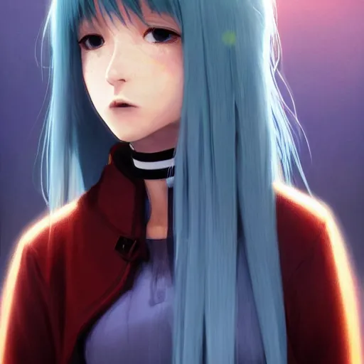 Image similar to profile shot of rimuru tempest averting his gaze, sky blue hair, straight hair, pretty, long bangs, amber eyes, black jacket with white stripes, a high frilly collar | highly detailed, unreal engine 5, digital painting, concept art, cinematic, wlop | artgerm, pixiv, ilya kuvshinov, greg rutkowski