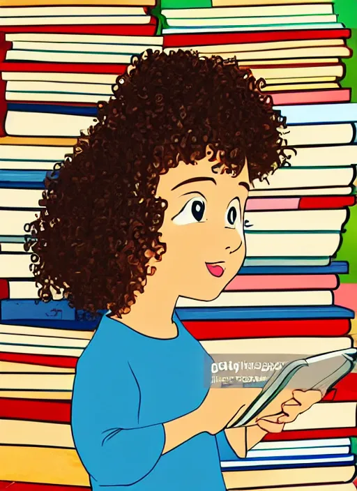 Prompt: a little girl with curly brown hair sits cross legged on top of a tall pile of books. she is reading. clean pretty cartoon painting, cel shaded, minimal outlines, beautiful detailed face.