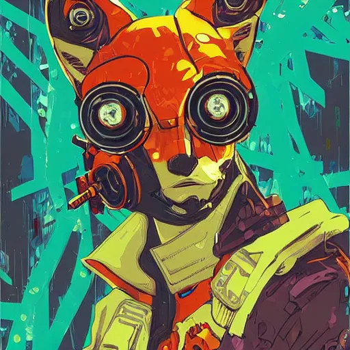 Prompt: cyberpunk fox cyborg portrait illustration, pop art, splash painting, art by geof darrow, ashley wood, alphonse mucha, makoto shinkai