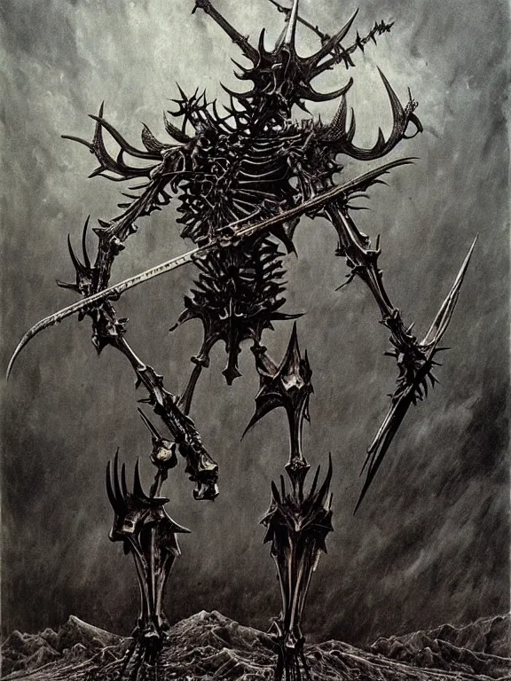 Prompt: A spiked horned skeleton with armored joints stands with a huge two-handed weapon in his hand. Extremely high detail, realistic, fantasy art, solo, masterpiece, saturated colors, bones, ripped flesh, art by Zdzisław Beksiński, Arthur Rackham, Dariusz Zawadzki