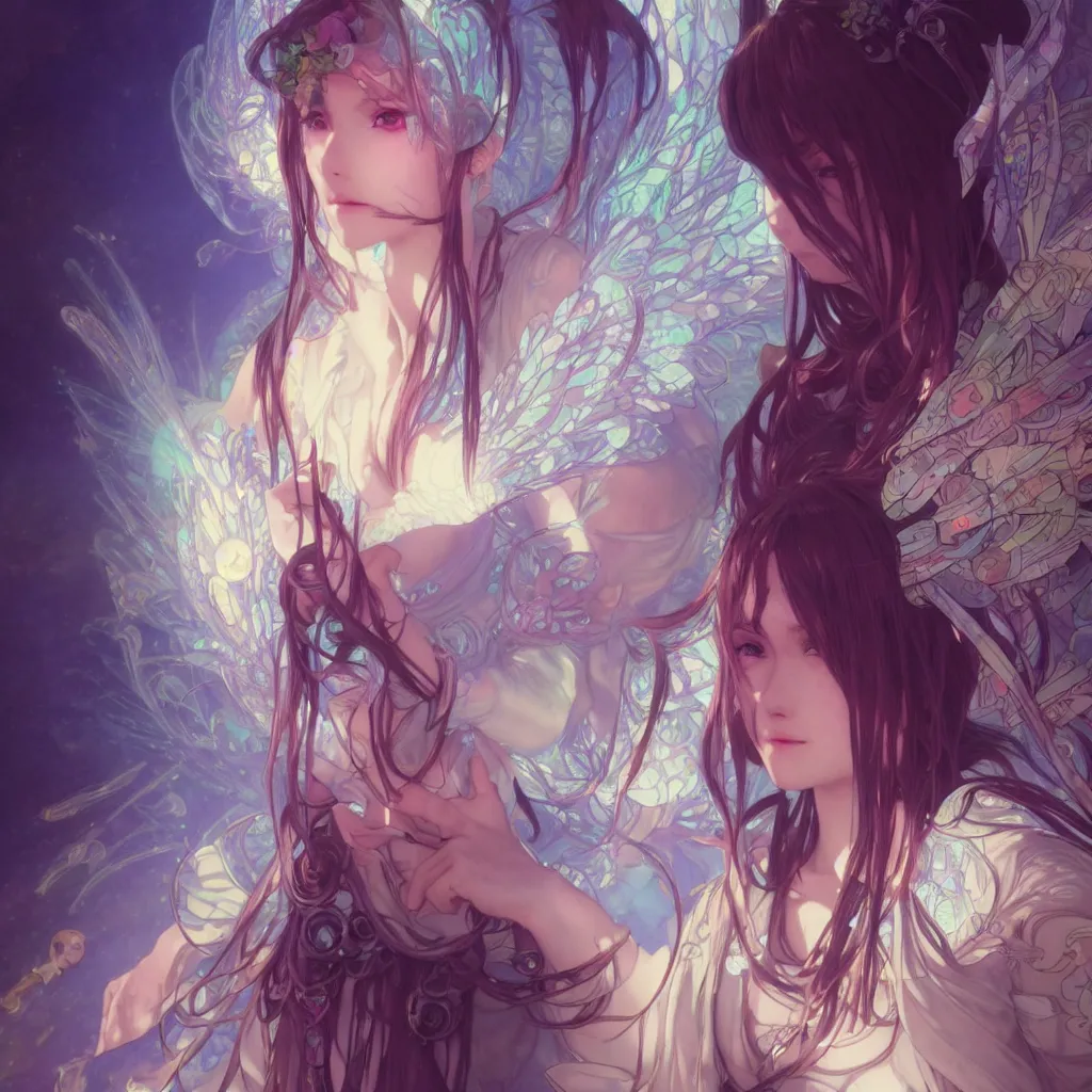 Image similar to 1 krenz cushart and alfons mucha detailed close portrait digital concept of anime cyber fairy, cute, gothic, epic sunbeam and church in background, unreal engine, hyperrealism, cinematic composition, blender render, octane render, hdr, detailed textures, trending on artstation, award winning artwork, 8 k,