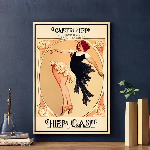 Image similar to art nouveau champagne poster with a happy girl dancing cancan