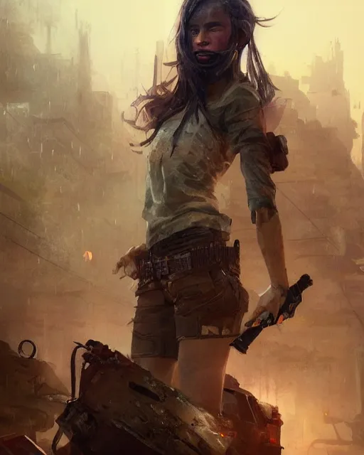 Prompt: battle hardened charismatic, rigged jayden steward, soldier in a desert, face centered portrait, confident, ruined cityscape, zombies, fog, rain, volumetric lighting, soft light particles floating near her, illustration, perfectly shaded, soft painting, art by krenz cushart and wenjun lin