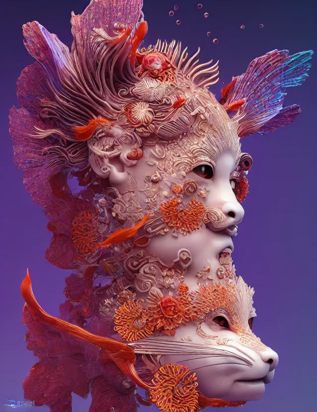 Image similar to 3 d goddess close - up profile portrait. beautiful intricately detailed japanese autumn fox mask and clasical japanese kimono. betta fish, jellyfish phoenix, bio luminescent, plasma, ice, water, wind, creature, artwork by tooth wu and wlop and beeple and greg rutkowski