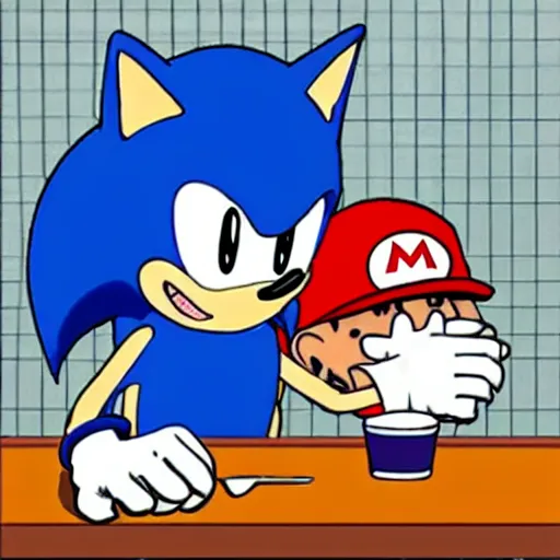 Image similar to sonic and mario having dinner together at a restaurant, setting their differences aside and having a talk