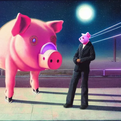 Image similar to man wearing a pink suit and a pink pig mask standing outside a night club, chris foss, john harris, beeple, wayne barlowe