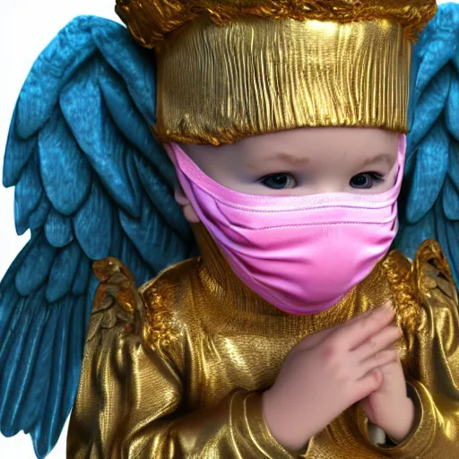 Image similar to a high tech 3 d rendering of a a baby cherub angel wearing a balaclava face mask, ski mask, face covered, covered face, fixed eyes, gucci, supreme, chanel, tattoos, multiple gold cuban chain necklace, graffiti in background, cinema 4 d, very detailed, clear, render