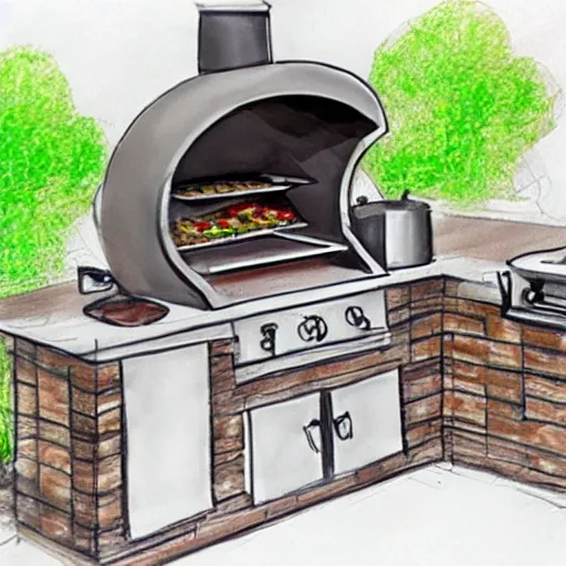 Image similar to new ideas for outdoor kitchen design with grill and pizza oven, designer pencil sketch, HD resolution