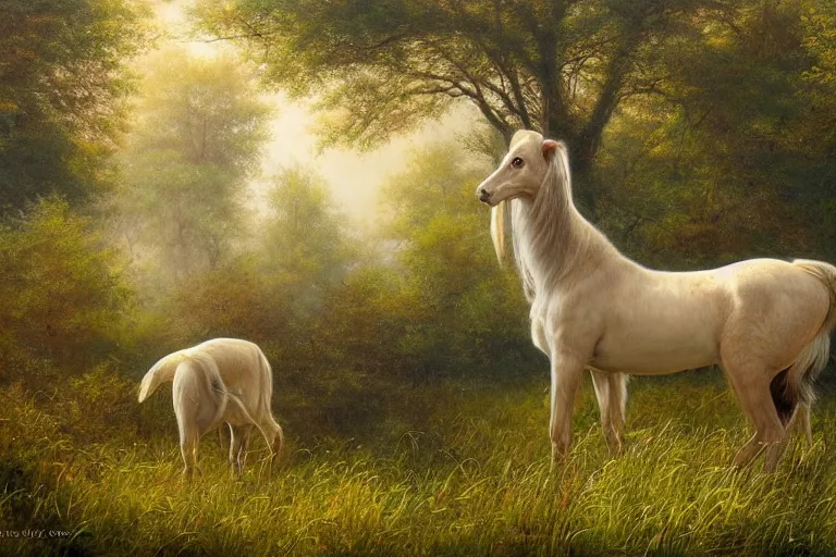 Image similar to a creature called XJVAIJOVIAJ standing in a calming meadow, created by Mark Keathley