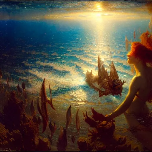 Image similar to point of view of deep in the ocean looking up, you see fishes, higher up you see the milk way, night time. highly detailed painting by gaston bussiere, greg rutkowski 8 k