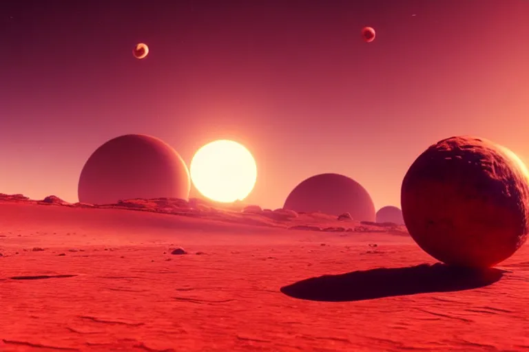 Image similar to a desert world planet with a crashed spaceship. 3 moons in the sky. hyper-realistic photo artistic trending on artstation beautiful scenic octane render reddish hue highly detailed, 8k, epic composition