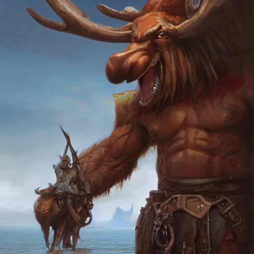 Prompt: anthropomorphic moose barbarian humanoid by greg rutkowski, tim hildebrandt, wayne barlowe, wlop, pirate ship, sea, fantasy
