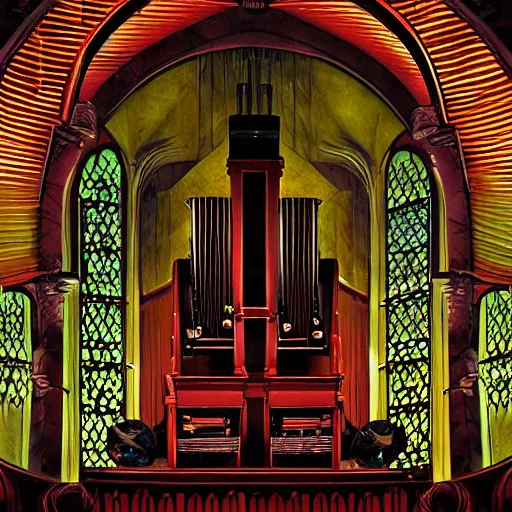 Image similar to pipe organ opera album cover, style of john harris, david hardy, michael okuda, vincent di fate, rongier, dramatic lighting, detailed, gothic, ornate, symmetrical, kafka, dark pastel colors