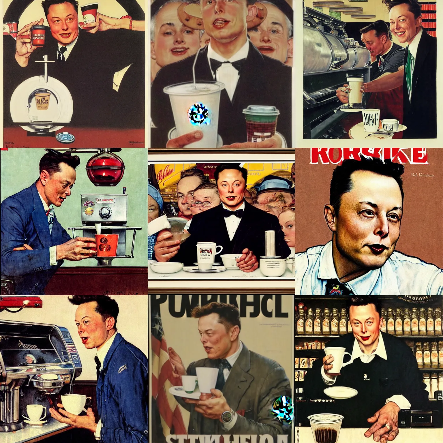Prompt: Norman Rockwell painting of elon musk as a Starbucks barista serving coffee