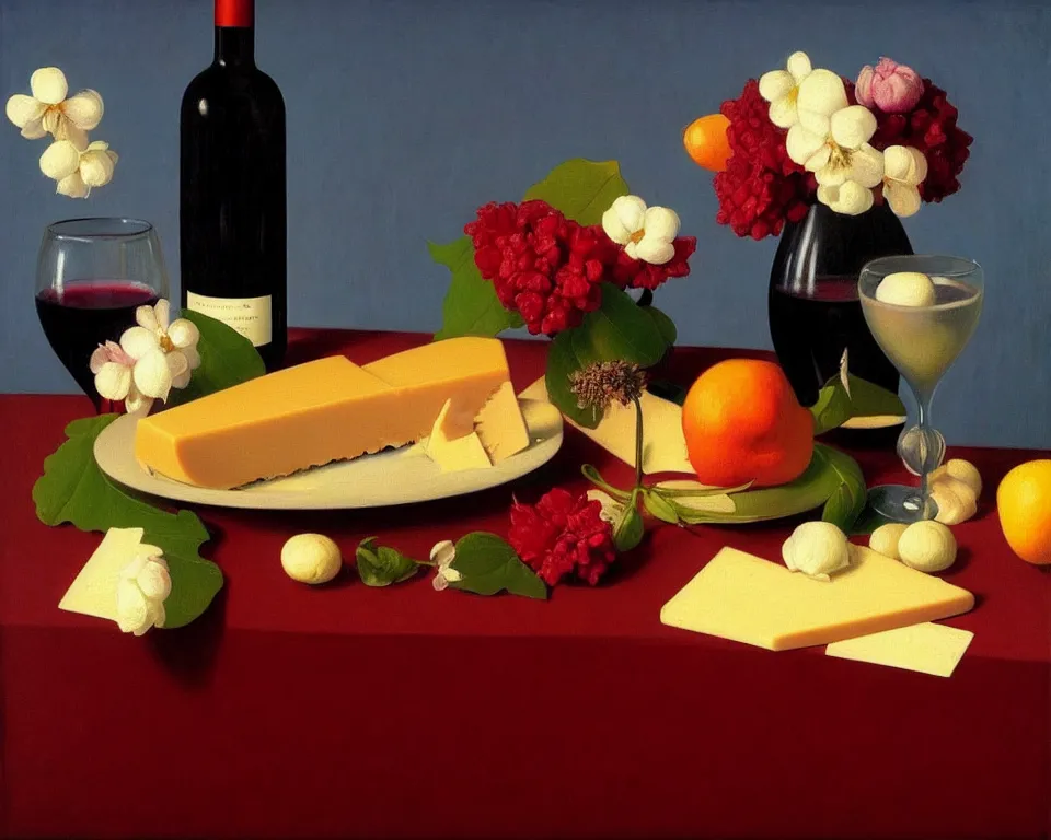 Prompt: an achingly beautiful still life featuring blooming flowers, tillamook cheese, and red wine by Raphael, Hopper, and Rene Magritte. detailed, romantic, enchanting, trending on artstation.