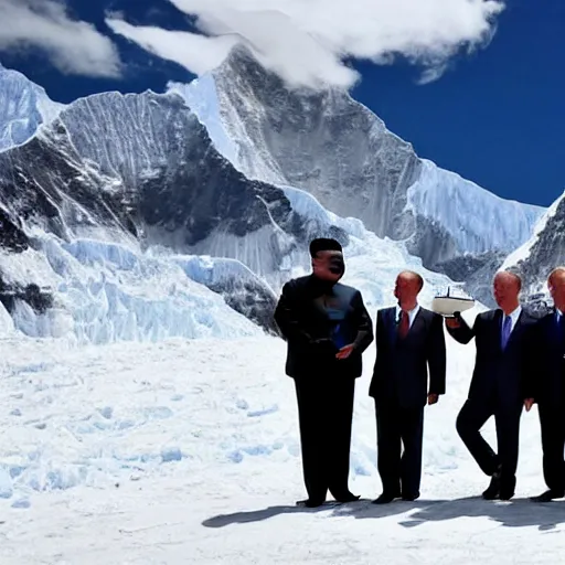 Prompt: kim jong - un, president joe biden, boris johnson, and vladimir putin enjoying earl grey tea at mount everest base camp, minimalist