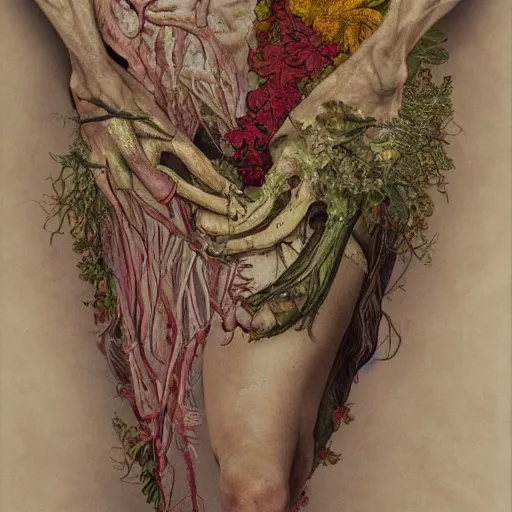 Image similar to a beautiful detailed photo of a rotten woman corpse morphing into fractal plants and fractal flowers and mushrooms, muscles, veins, anatomical, intricate, ornate, volumetric light, beautiful lit, manet