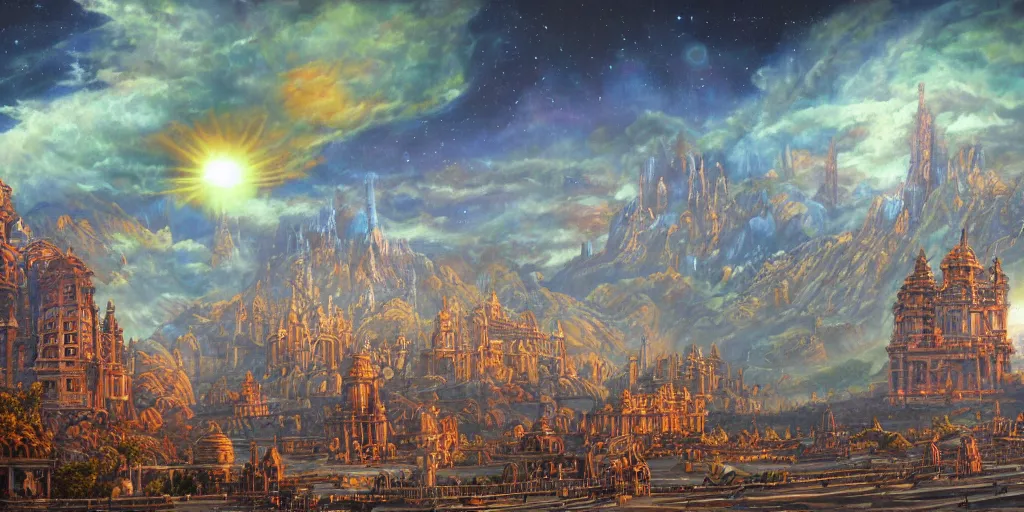 Image similar to fantasy oil painting, gleaming silver mega structure city, argos, indore, kailasa, ellora, hybrid, looming, small buildings, warm lighting, street view, overlooking, epic, interstellar space port launching dock, distant mountains, bright clouds, luminous sky, cinematic lighting, michael cheval, david palladini, oil painting, natural tpose