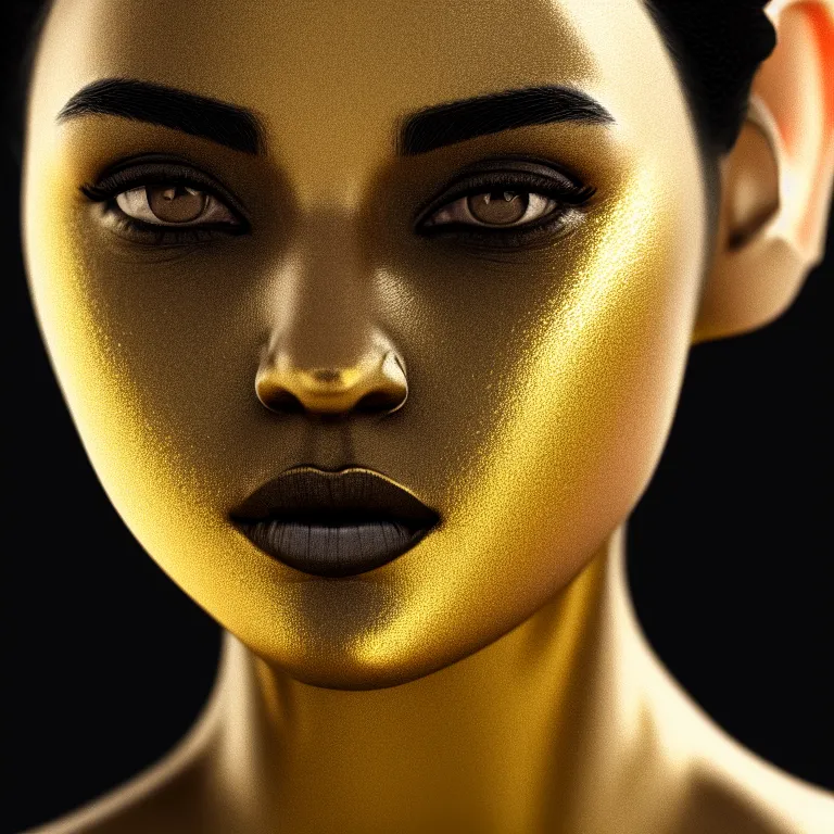 Image similar to a wonderful woman with half face black and half gold, detailed realistic, cinematic, octane rendered