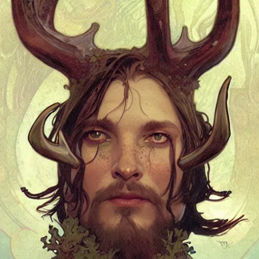 Image similar to haughty Viking fae god with shining eyes and antlers, by Greg Rutkowski, Alphonse Mucha, and Brom